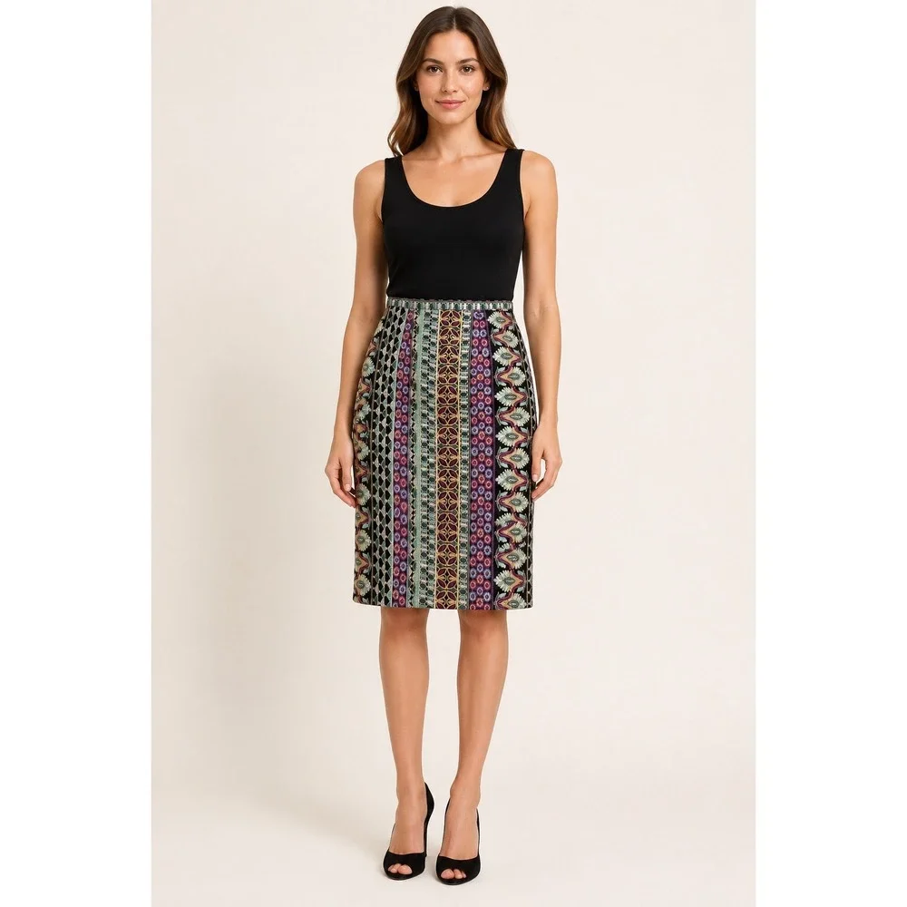 Vanessa Virginia Anthropologie Embroidered Pencil Skirt Black Multi Color US 4